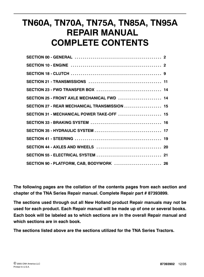 NEW HOLLAND TN60A TN70A TN75A TN85A TN95A TRACTOR SERVICE SHOP REPAIR MANUAL- on Lucasgift