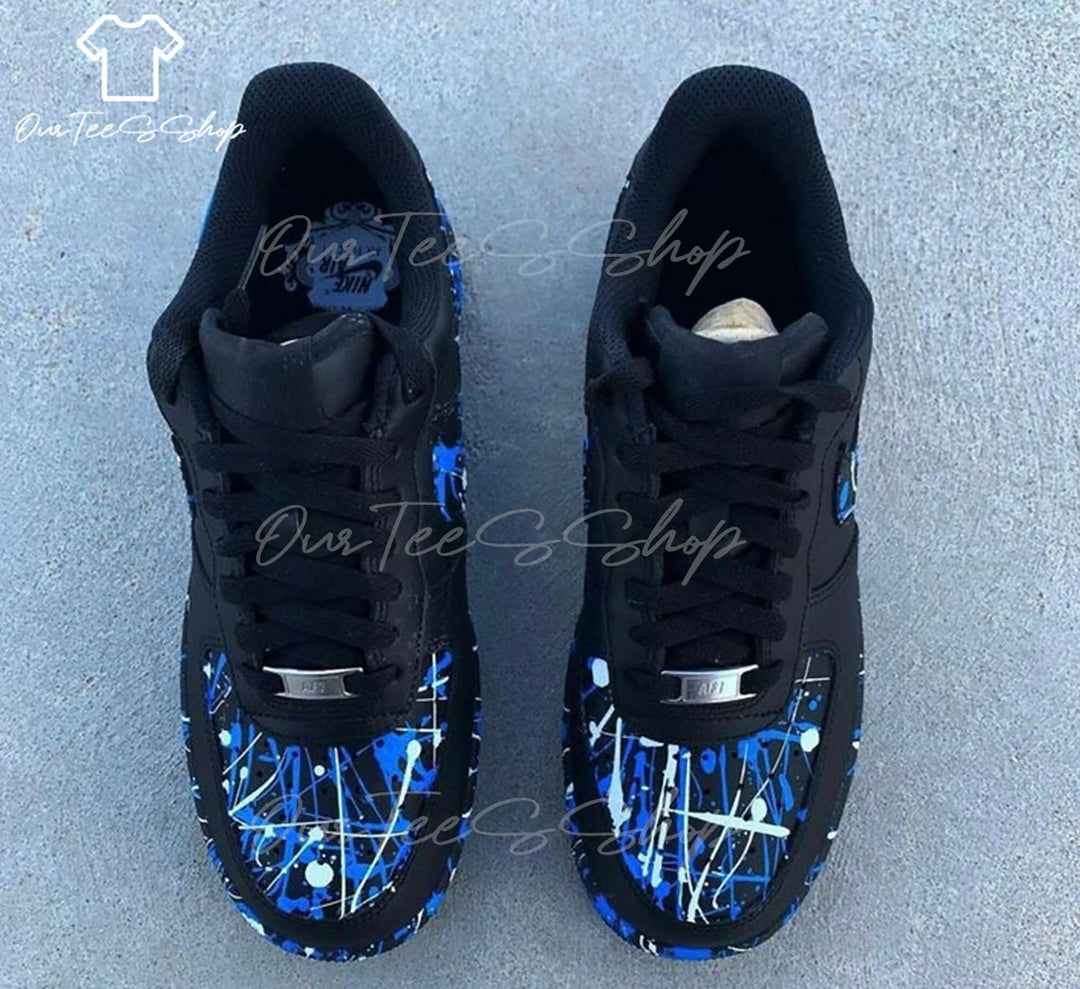 Custom Blue Splatter Black AF1 Sneakers, Hand Painted Personalized Shoes
