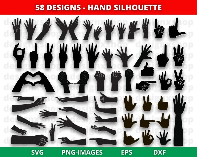 Hand SVG, Silhouette Hand svg, Raised Hand Clipart, Peace Sign Silhouette, Waving Hand Vector, Human Hand Svg, Hand Symbols - SVG and PNG