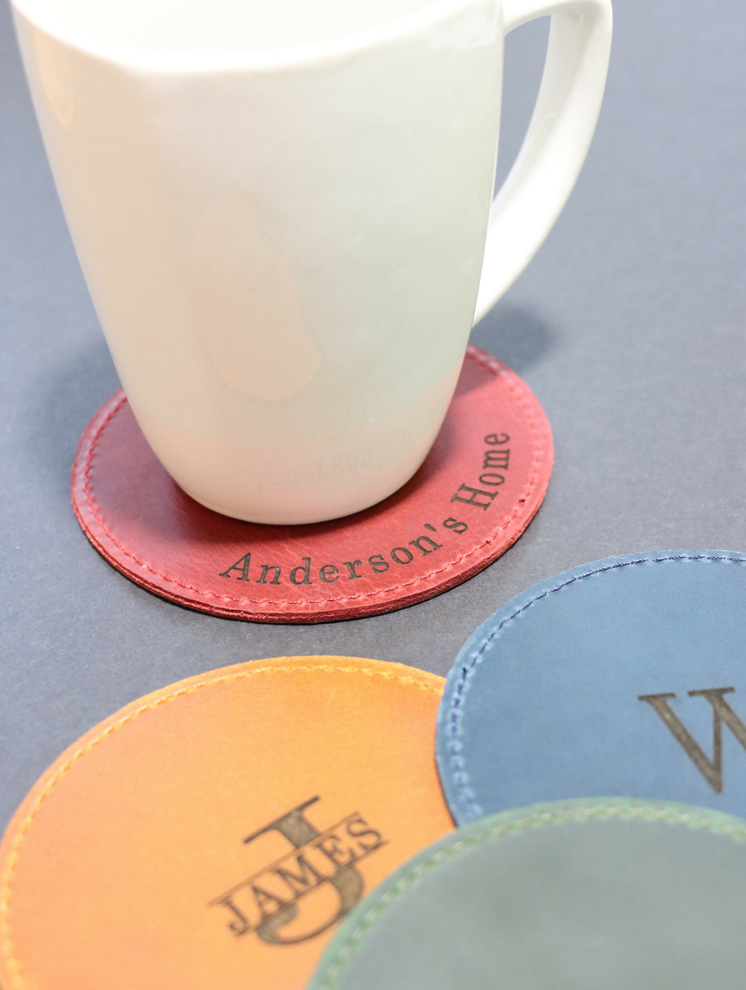 Set of 4 Personalized Leather Coaster, Engraved Full Grain Distressed Leather, Church Gifts