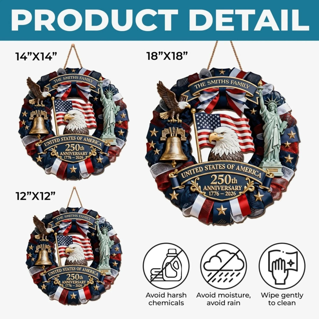 Personalized America 250th Anniversary Wood Wreath 1776-2026 Patriotic Door Sign Semiquincentennial Family Name Decor- on Lucasgift
