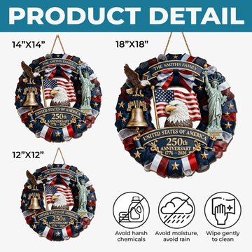 Personalized America 250th Anniversary Wood Wreath 1776-2026 Patriotic Door Sign Semiquincentennial Family Name Decor- on Lucasgift