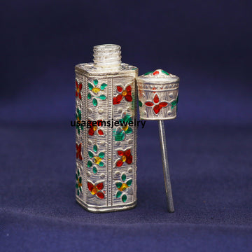 Vintage Silver Sindoor Box | Hand-Engraved Floral Meenakari Dibbi | Rectangular Kumkum Case | 25.7g BJ1007- on Lucasgift