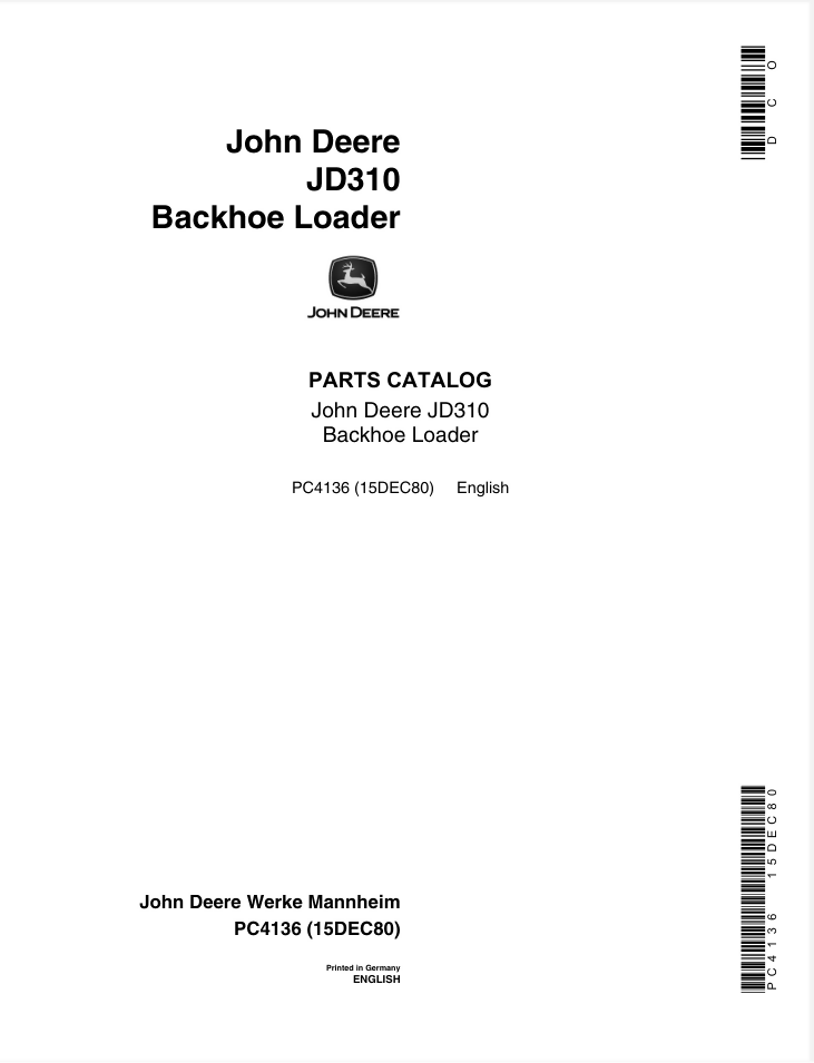 John Deere JD310 Tractor Loader Backhoe Parts Catalog Manual- on Lucasgift