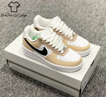 Custom Tan Beige AF1 Sneakers, Hand Painted Personalized Shoes