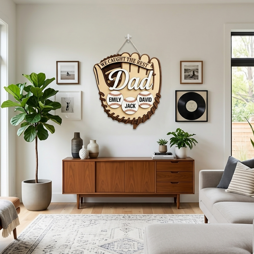 Custom We Caught The Best Dad Wooden Sign, Wooden Baseball Glove, Custom Baseball Gift- on Lucasgift