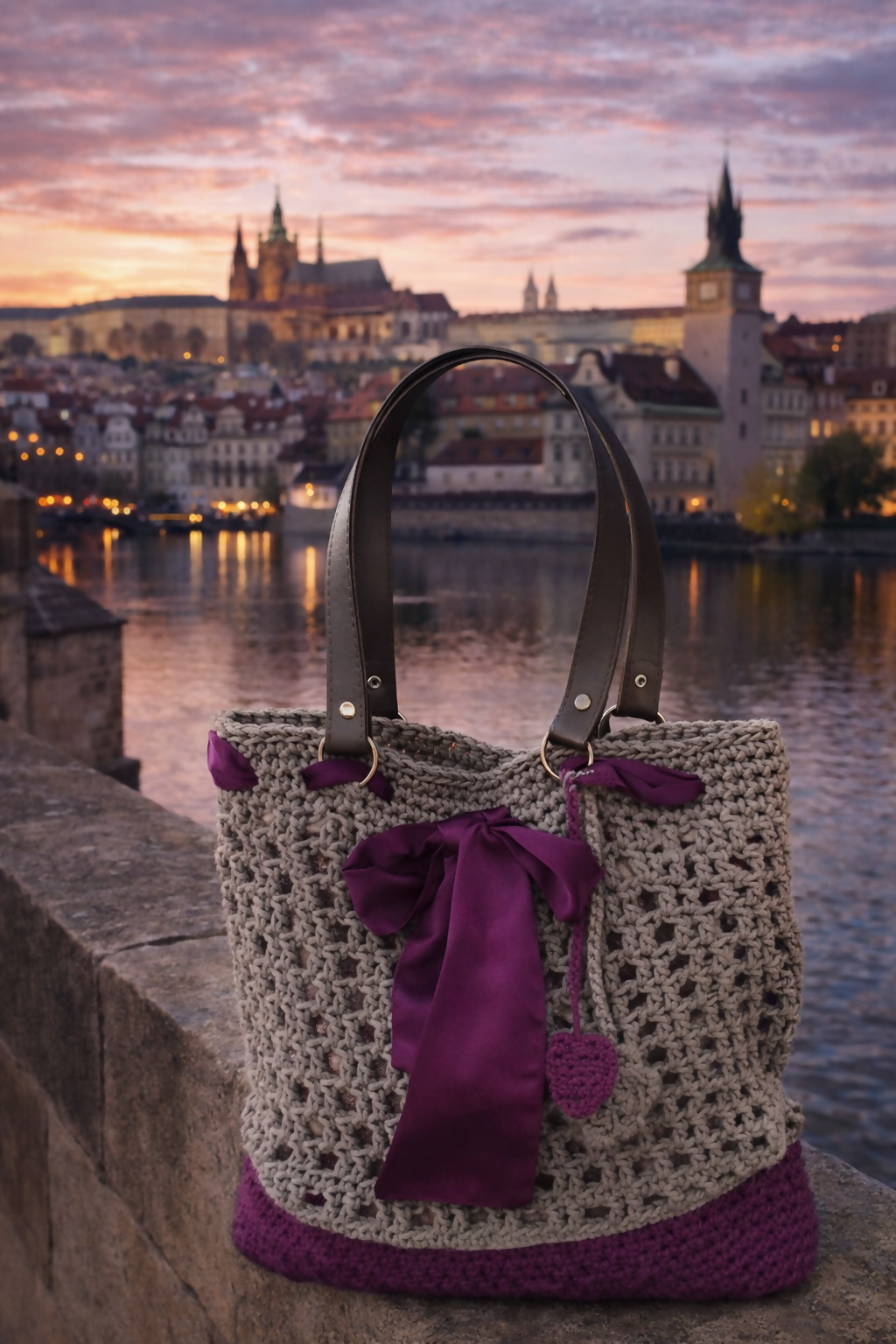 Gray-Purple Knitted Shoulder Bag with Satin Ribbon and Heart- on Lucasgift