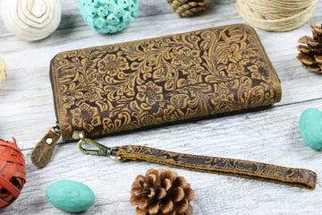 Women's Leather Zip Wallet with Flower Embossing , Real Leather, Same Day Shipping, Free Shipping US- on Lucasgift