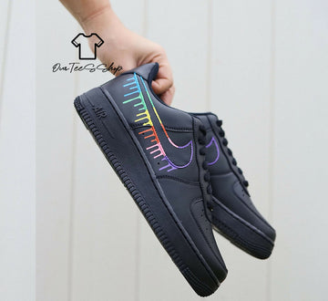 Custom Rainbow Drip Black AF1 Sneakers, Hand Painted Personalized Shoes