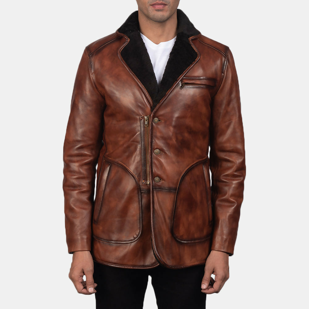 Men's Handmade Rocky Brown Fur Leather Coat – Premium Genuine Leather Winter Coat