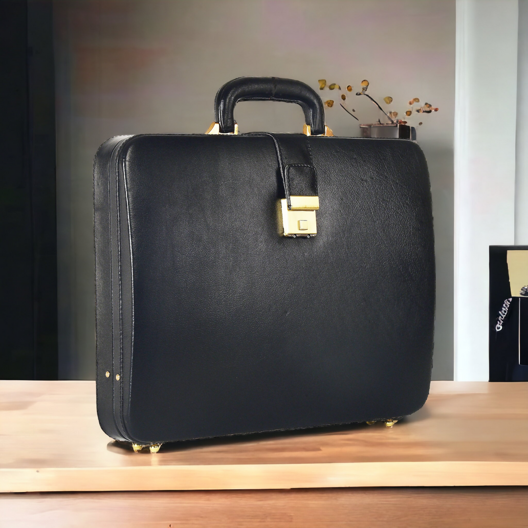 Genuine Leather Attache Briefcase for Men's Office Handbag Doctor Briefcase Leather Laptop MacBook Carry Case-Black- on Lucasgift
