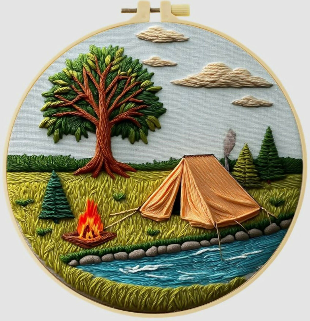 Cross Stitch Kits for Beginners | Camping by River (20cm with frame)- on Lucasgift