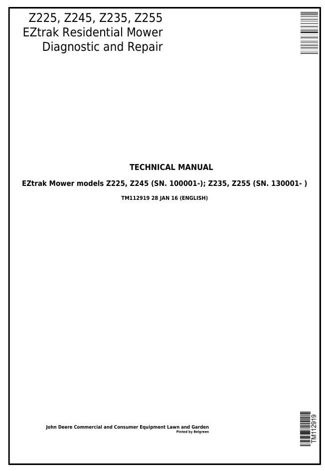 John Deere Z225 Z245 Z235 Z255 EZtrak Repair Service Technical Manual- on Lucasgift