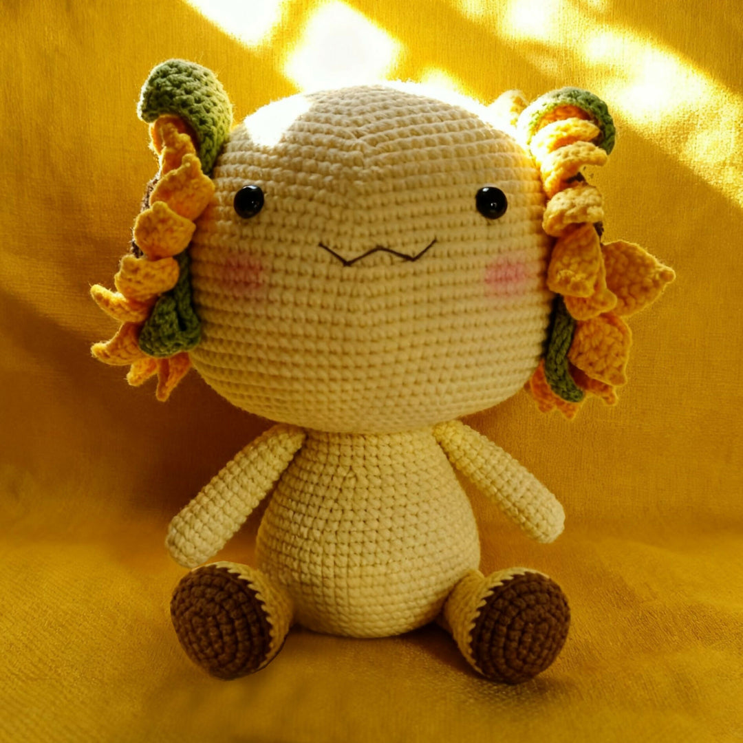 Sunflower Ear Axolotl Crochet Plush | Handmade Knitted Stuffed Animal | Kawaii Decor Gift- on Lucasgift