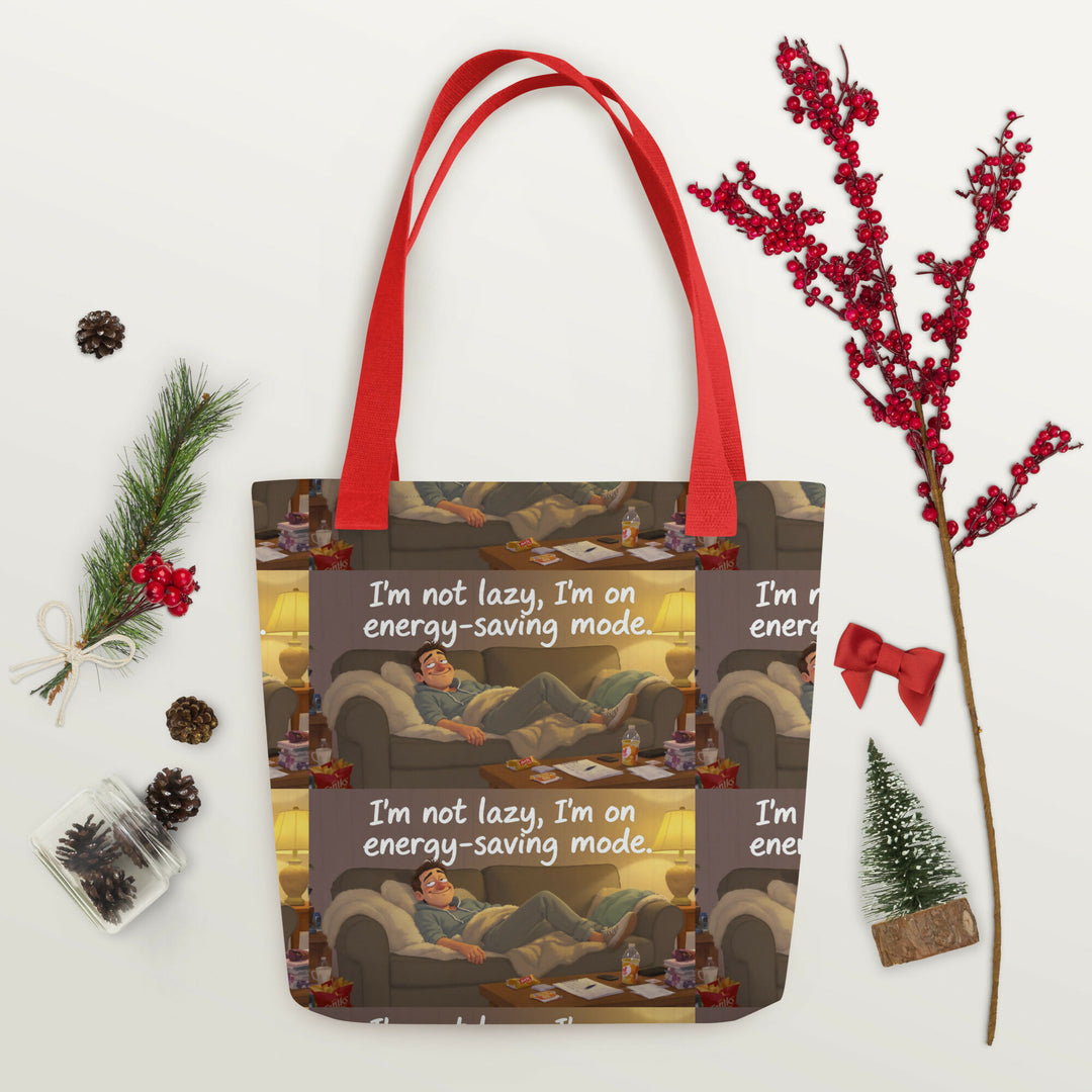 Energy-Saving Mode Living – Cozy Humor Tote- on Lucasgift