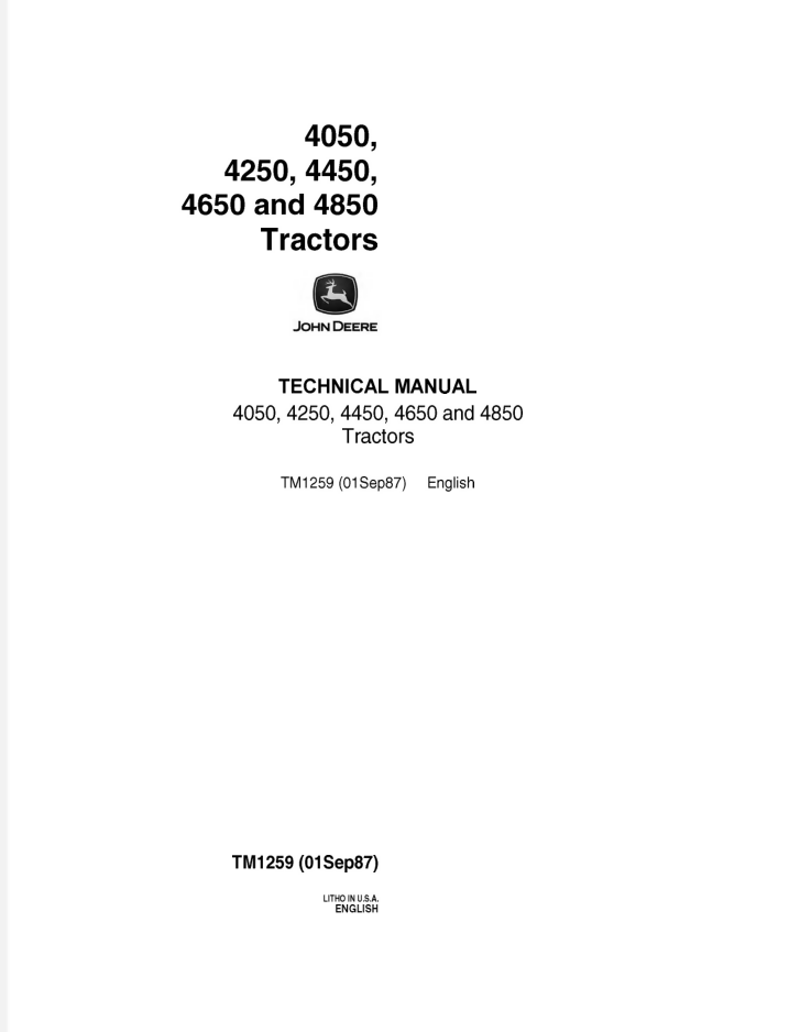 John Deere 4050, 4250, 4450, 4650, 4850 Tractor Service Manual Repair Shop- on Lucasgift