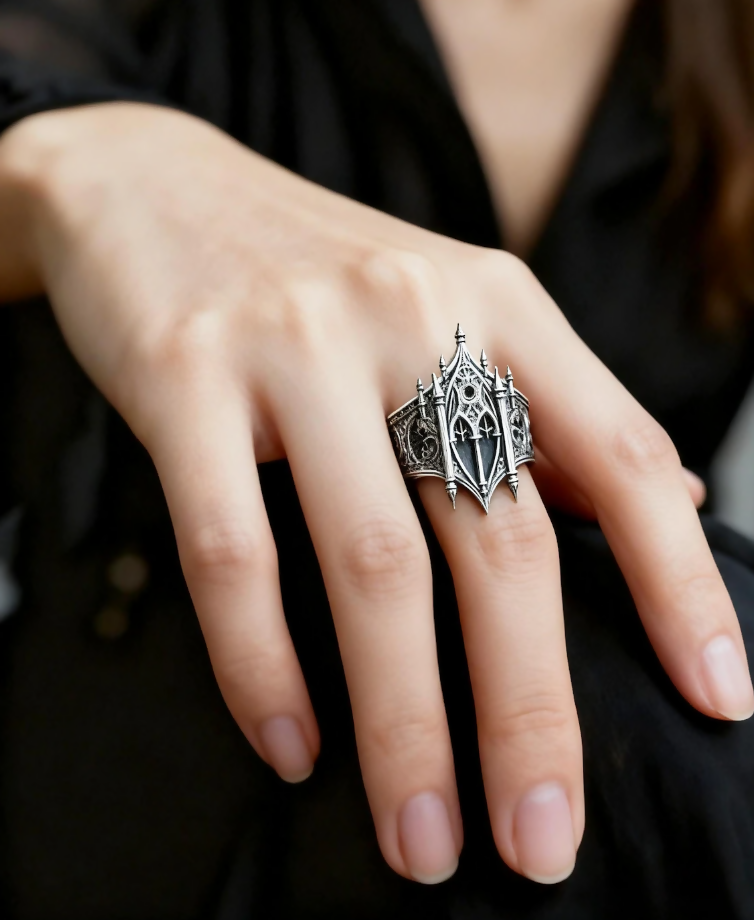 Cathedral Spire Ring — Handcrafted Sterling Silver Gothic Crown Band • Miniature Chapel Statement Ring- on Lucasgift