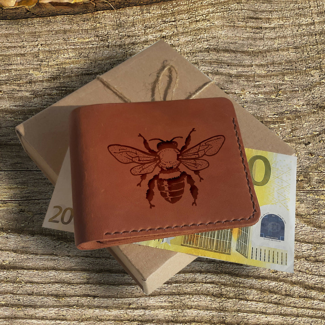 Bee Gifts. Personalized Leather Wallet. Beekeeper Gift. Cute Wallet. Engraved Honey Bee Wallet. Custom Slim Bifold Minimalist Wallet for Men- on Lucasgift
