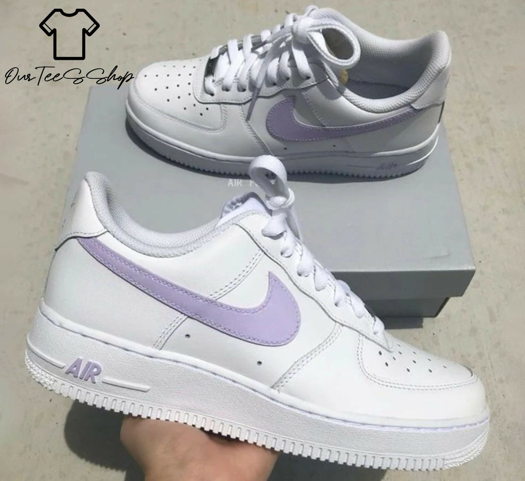 Custom Purple Swoosh AF1 Sneakers, Hand Painted Personalized Shoes