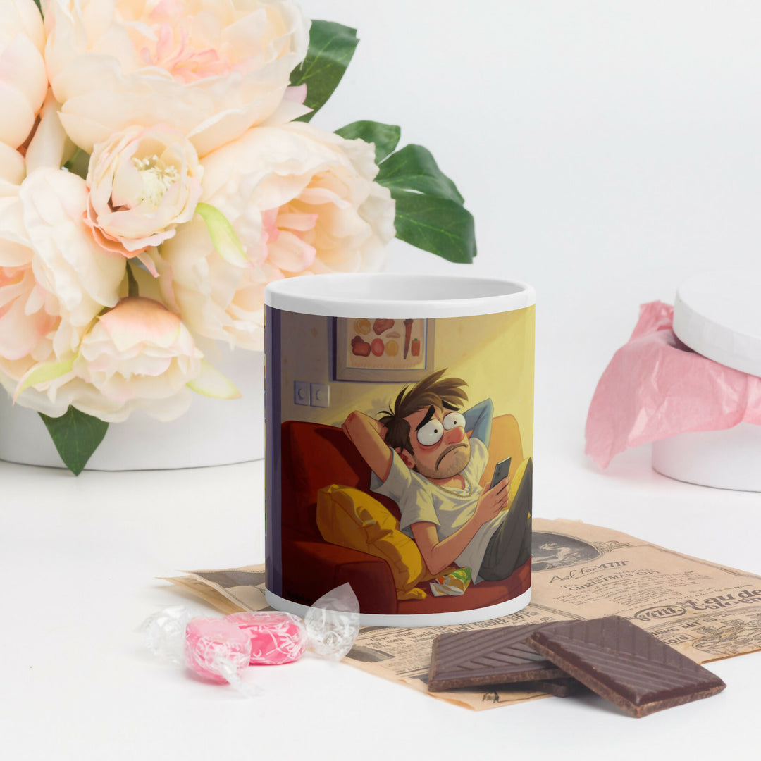 Between Scrolls and Snacks – Cozy Humor Mug- on Lucasgift