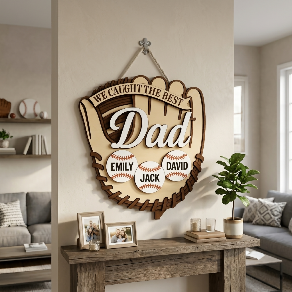 Custom We Caught The Best Dad Wooden Sign, Wooden Baseball Glove, Custom Baseball Gift- on Lucasgift