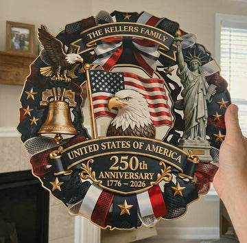 Personalized America 250th Anniversary Wood Wreath 1776-2026 Patriotic Door Sign Semiquincentennial Family Name Decor- on Lucasgift