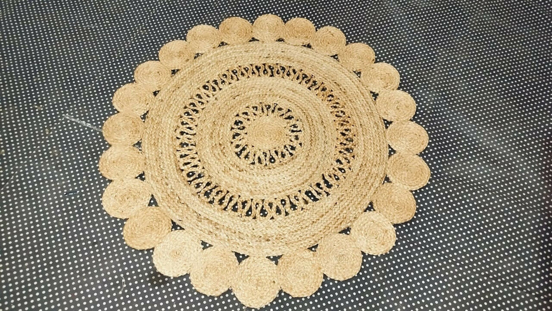 Sonia Artisan Collections | Natural Jute Scalloped Round Rug | Handmade Rustic Boho Decor- on Lucasgift