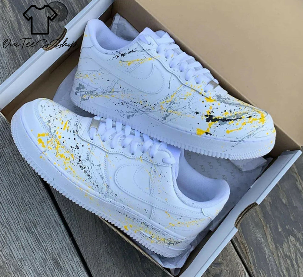 Custom Yellow Splatter AF1 Sneakers, Hand Painted Personalized Shoes- on Lucasgift