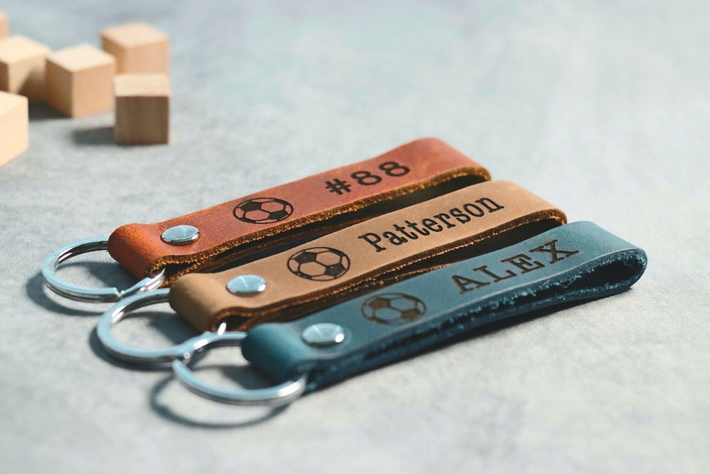 SLIM Soccer Personalized Keychain / Keyring / bag Tag / Name Tag - Leather Keychain- on Lucasgift