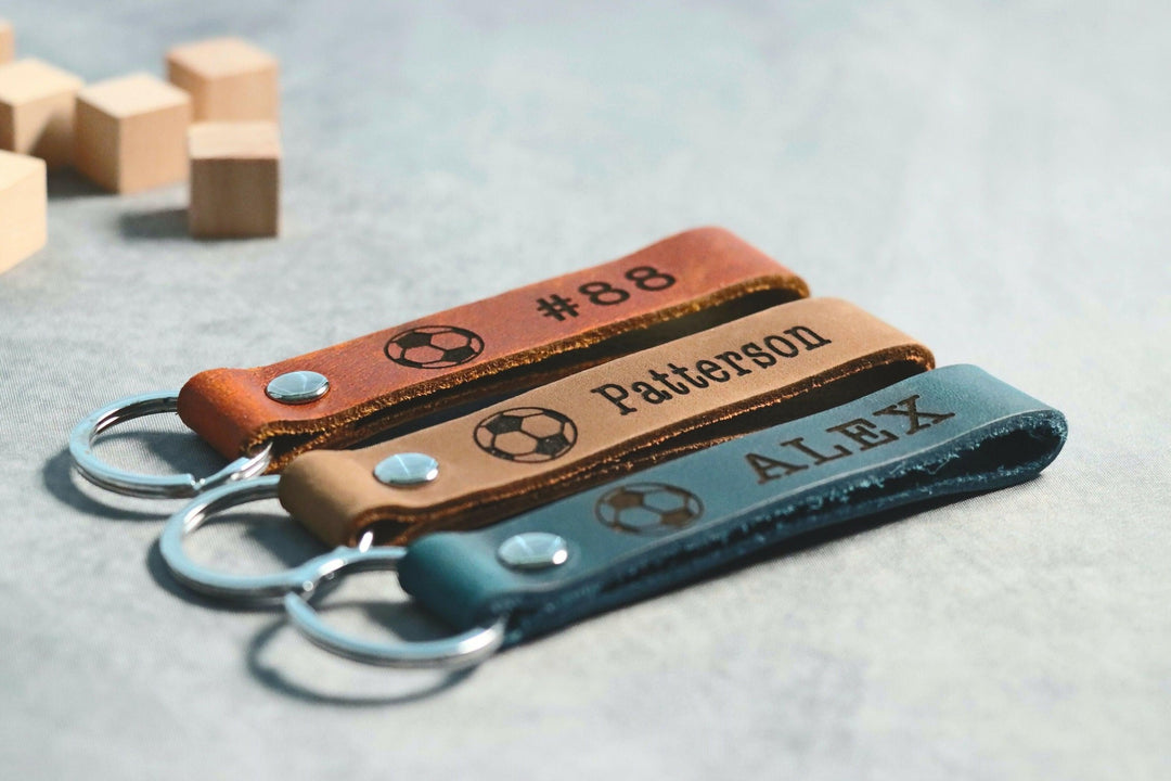 SLIM Soccer Ball Keychain, Personalized Sports Keychain, Team Gifts, Player Gifts, Soccer Gift, LEATHER KEYCHAIN- on Lucasgift