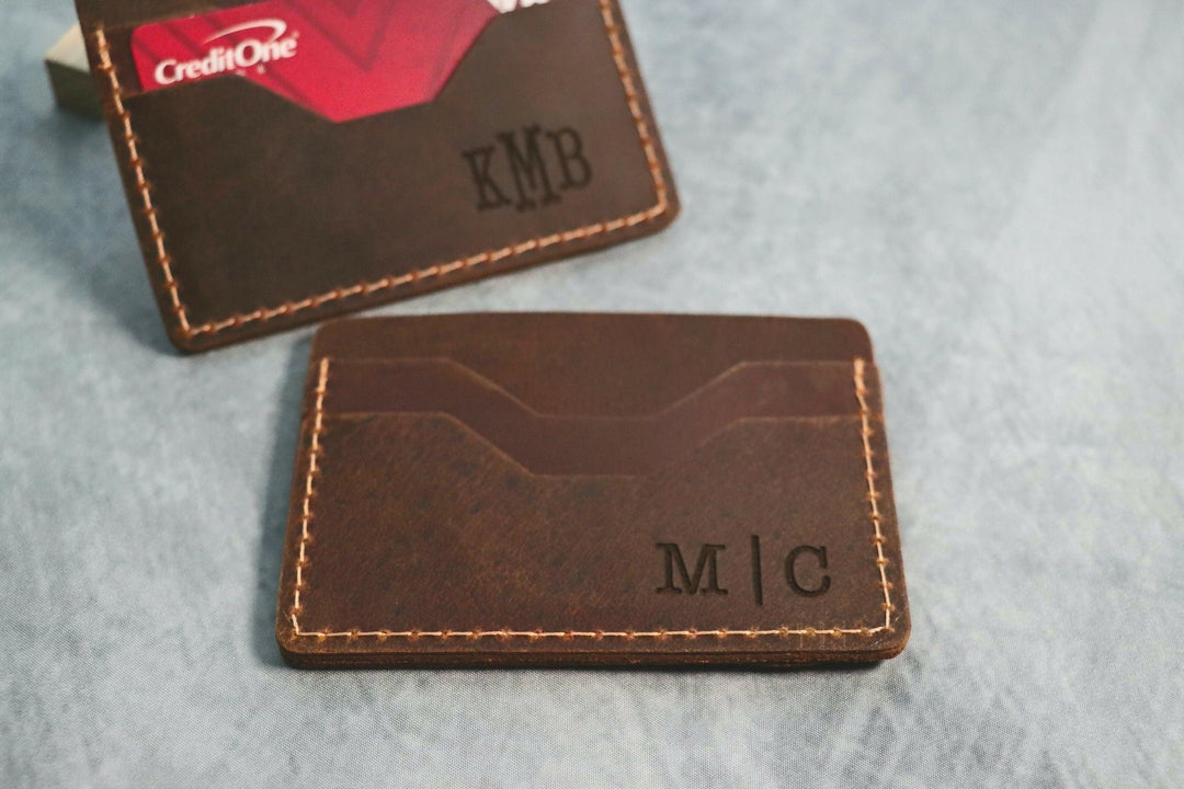 Leather Card Holder Wallet, Anniversary Credit Card Wallet, Custom initials Slim Card Wallet, Minimalistic, Unisex Slimline Design Wallet- on Lucasgift