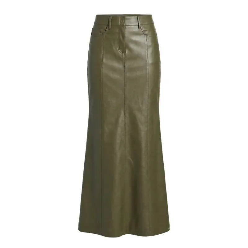 Handmade Genuine Leather Maxi Skirt – High Waisted Green Sheepskin Column Skirt For Women- on Lucasgift