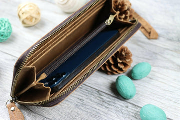 Women's Leather Zip Wallet with Flower Embossing , Real Leather, Same Day Shipping, Free Shipping US- on Lucasgift