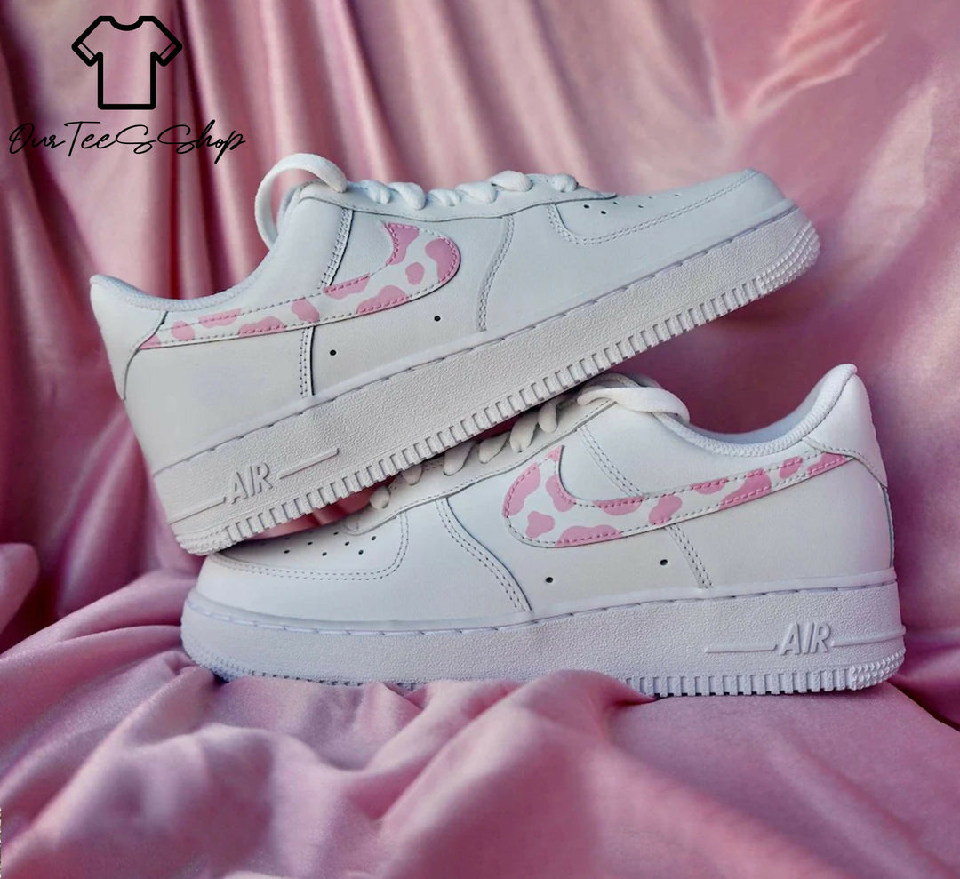 Custom Cow Print Pink AF1 Sneakers, Hand Painted Personalized Shoes