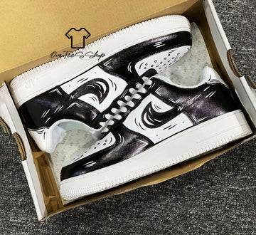 Custom Black White Cartoon AF1 Sneakers, Hand Painted Personalized Shoes