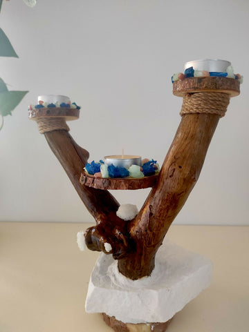 Crystal Tree Candelabra | Handmade Wooden Triple Tealight Holder | Rustic Crystal Centerpiece- on Lucasgift