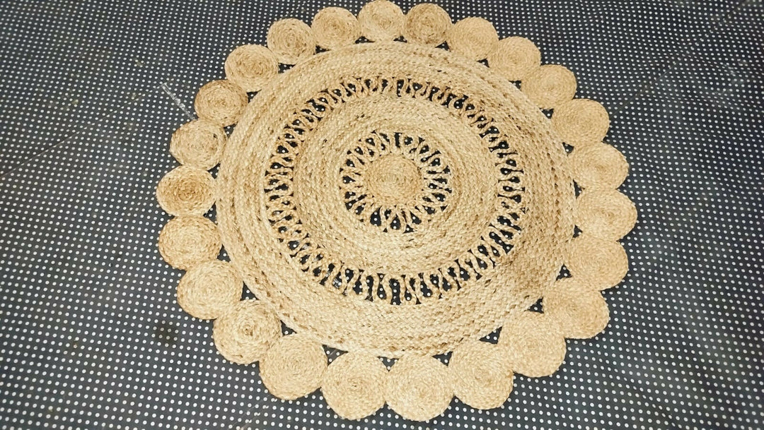 Sonia Artisan Collections | Natural Jute Scalloped Round Rug | Handmade Rustic Boho Decor- on Lucasgift