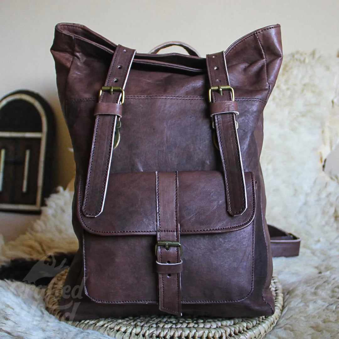 Moroccan leather backpack, Handmade unisex backpack, Boho leather backpack, Brown leather backpack, Vintage backpack- on Lucasgift