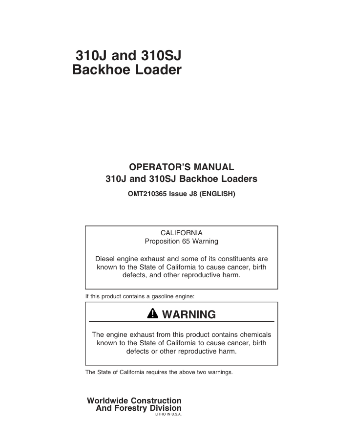 JOHN DEERE 310J 310SJ BACKHOE LOADER OPERATOR MANUAL- on Lucasgift