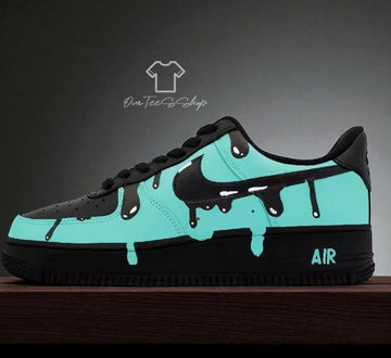 Custom Blue Light Drip Black AF1 Sneakers, Hand Painted Personalized Shoes