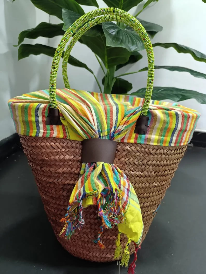 African tote bag with beaded handles | Handwoven bag | Beautiful woven bag | Unique gift for her- on Lucasgift