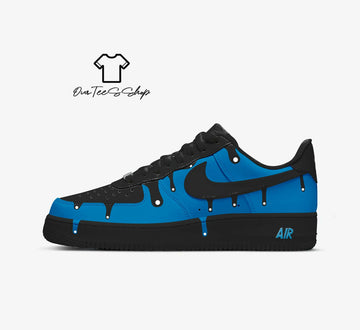 Custom Blue Drip Black AF1 Sneakers, Hand Painted Personalized Shoes