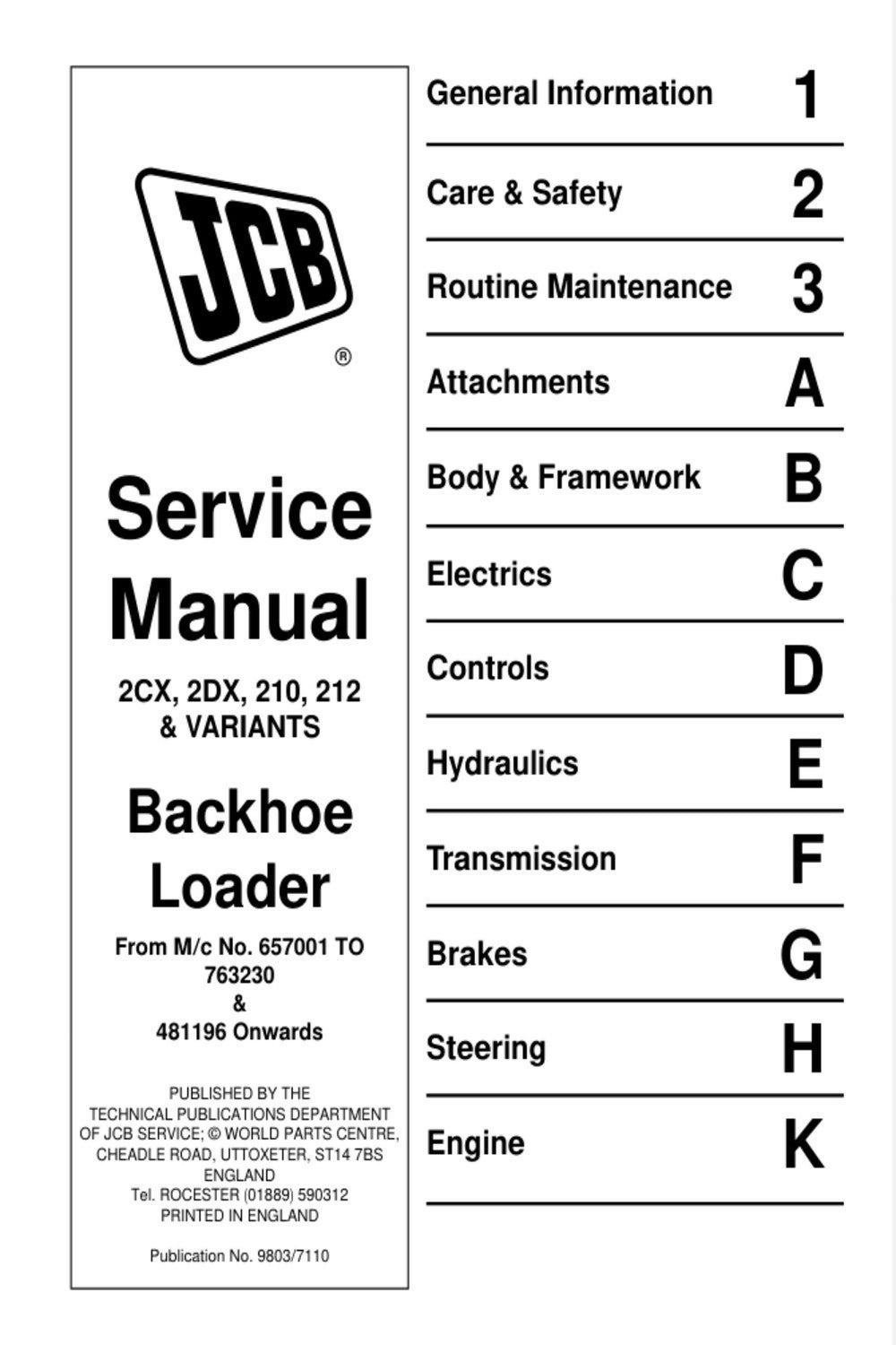 JCB 2CX 2DX 210 212 BACKHOE LOADER SERVICE REPAIR SHOP MANUAL