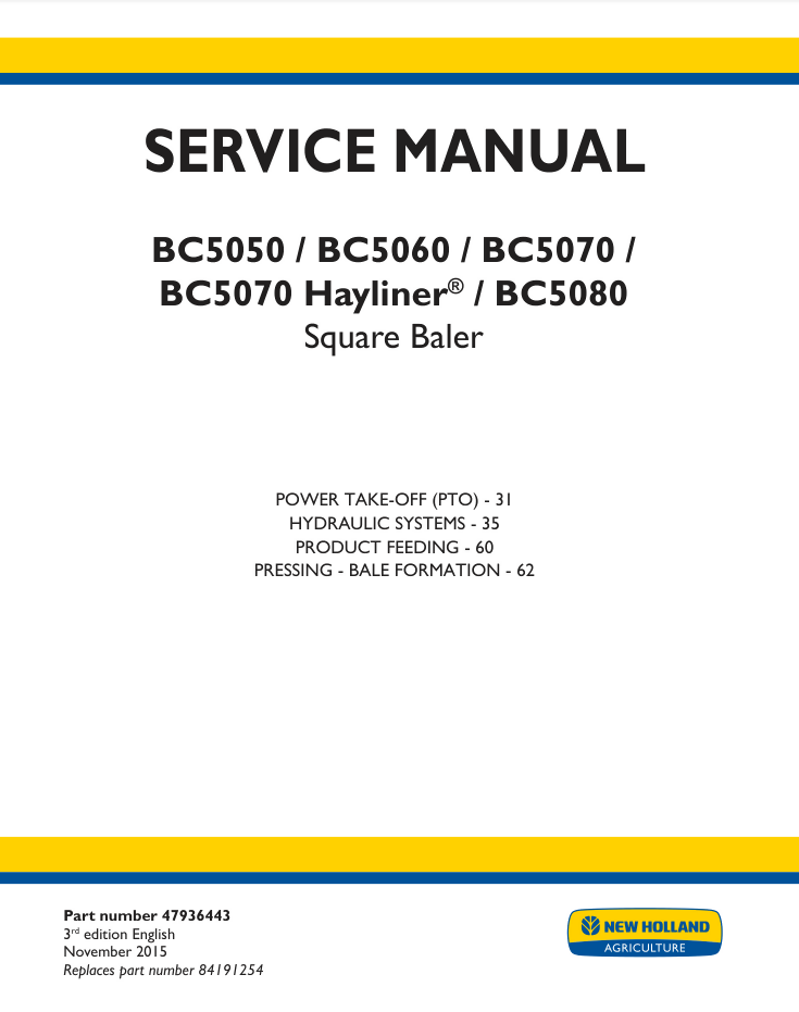 New Holland BC5050, BC5060, BC5070, BC5070 Hayliner, BC5080 Baler Service Manual- on Lucasgift