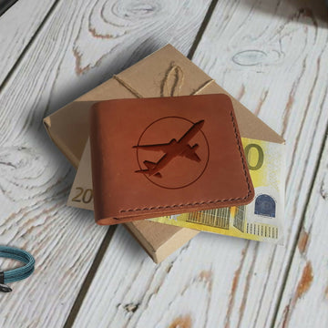 Pilot Gift. Engraved Wallet. Personalized Custom Mens Brown Leather Wallet. Slim Bifold Compact Wallet for Men. Aviation Gift. Airplane Gift- on Lucasgift