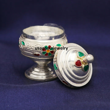 Pure Silver Decorative Floral Enamel Box Handmade Keepsake Sindoor Box 5.8x3.9 cm | Weight 31 Grams BJ1014- on Lucasgift