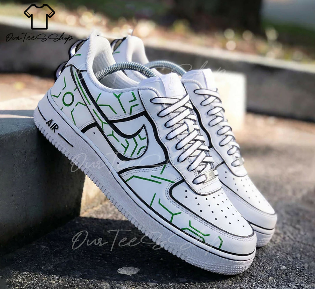 Custom Geometric Green Black AF1 Sneakers, Hand Painted Personalized Shoes