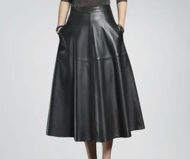 Black Genuine Leather Midi Skirt High Waisted A Line Flare Skirt with Pockets