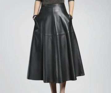 Black Genuine Leather Midi Skirt High Waisted A Line Flare Skirt with Pockets