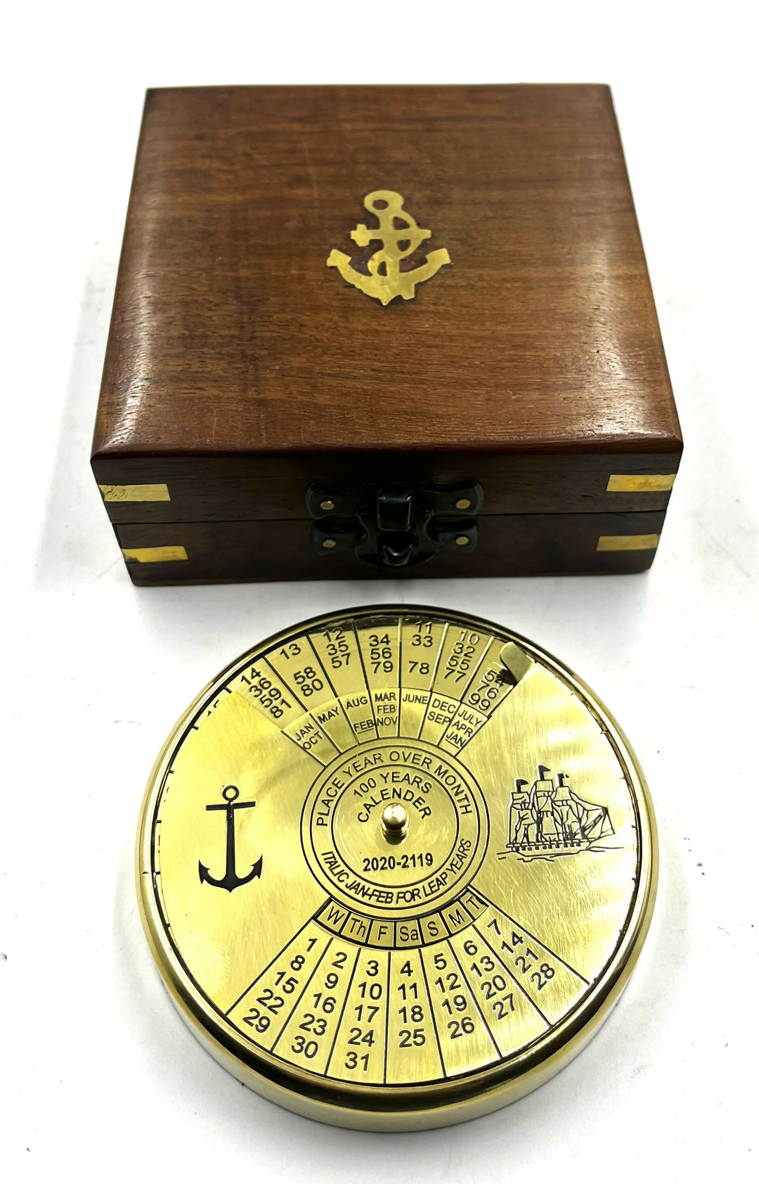 Shiny Finish Brass Calendar Paper Weight with wood box Maritime Gift Item- on Lucasgift